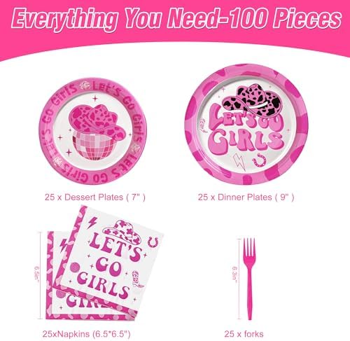 100 Pcs Disposable Let's Go Girls Party Tableware Set for 25 Guests - Image 2