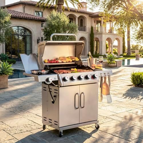 Feasto 5 Burner Propane Gas Grill with Side Burner and Sear Burner, Silver - Image 2