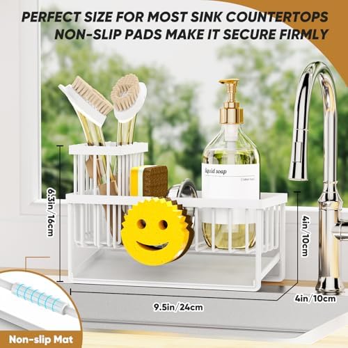 Sponge Holder for Kitchen Sink,Smiley Face Sink Caddy with Removable Brush Holder,Self-Draining Sponge Caddy for Sponge,Soap,Dish Brush,Scrubber,Kitchen Essentials and Gadgets-White - Image 2