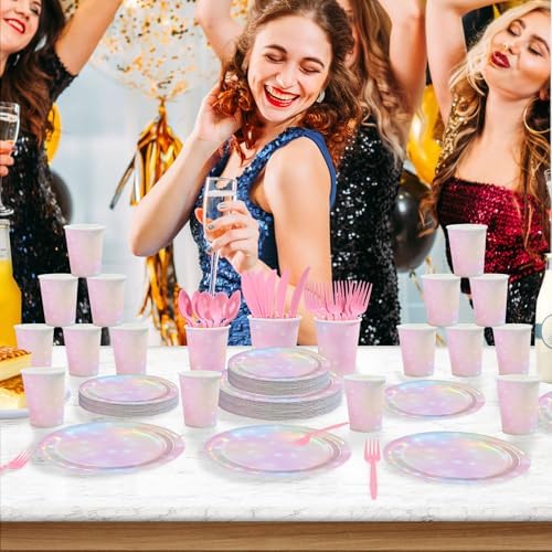 168Pcs Pink Pastel Rainbow Party Decorations Pink Iridescent Plates and Napkins Cups Tableware Sets Rainbow Party Decorations for Rainbow on Cloud 9 Birthday Weddings Baby Shower Supplies Serves 24 - Image 6