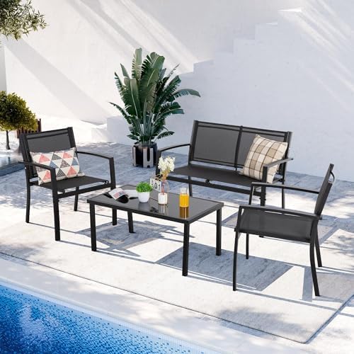Shintenchi 4 Pieces Patio Furniture Set All Weather Textile Fabric Outdoor Conversation Set, with Glass Coffee Table, Loveseat, 2 Single Chairs for Home, Garden, Lawn, Porch（Black） - Image 2