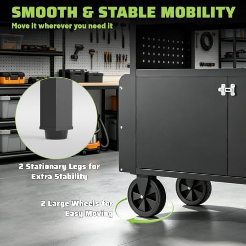 Rolling Workbench with Storage Cabinet,39.4" Mobile Garage Work Bench with Pegboard,Heavy Duty Steel Tool Cart with Wheels,Tool Storage Cabinet for Garage,Workshop,DIY and Home Repair - Image 3