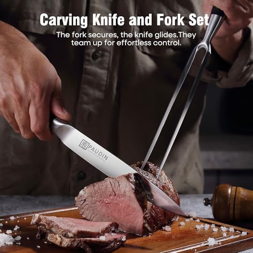PAUDIN Carving Knife Set, 8 inch German High Carbon Stainless Steel Meat Slicing Knife with 7 inch Turkey Fork, Ergonomic Full Tang G10 Handle, Dishwasher Safe,BBQ Brisket Slicer,Cooking Gifts for Men - Image 3