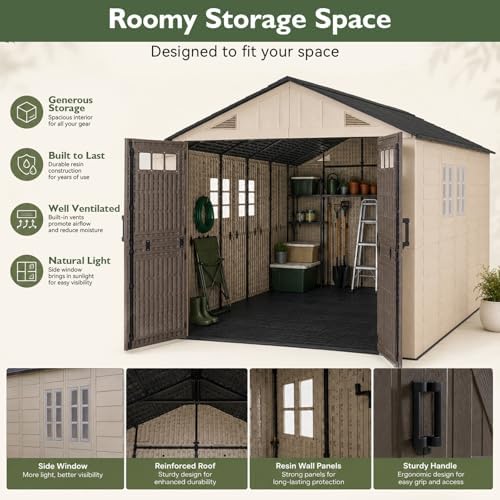 Aoxun 8x12 Ft Outdoor Storage Shed with Floor, Large Resin Outdoor Shed with Lockable Door & Windows, Garden HDPE Sheds for Lawn Tools, Pool Supplies & Bikes - Image 6
