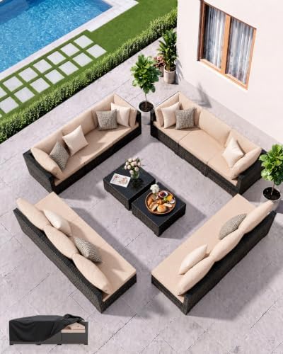 Patio Furniture Set - All-Weather - 14 Piece Patio Outdoor Conversation Set, Modular Wicker Rattan Sectional Sofa for Backyard, Garden, Poolside, Balcony, Porch, Patio, Brown/Khaki by Unknown