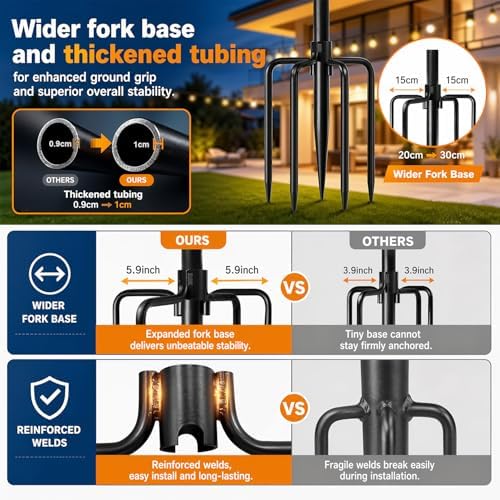 MuliVid 6 Pack 9FT String Light Poles for Outdoor,Metal Lights Hanging Pole Outside with Fork,Light Stand for Patio, Pergola, Garden, Backyard, Yard, Camping Party - Image 2
