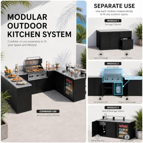 U‑Shape Outdoor Kitchen Island, 304 Sink BBQ Station with Storage - Image 4