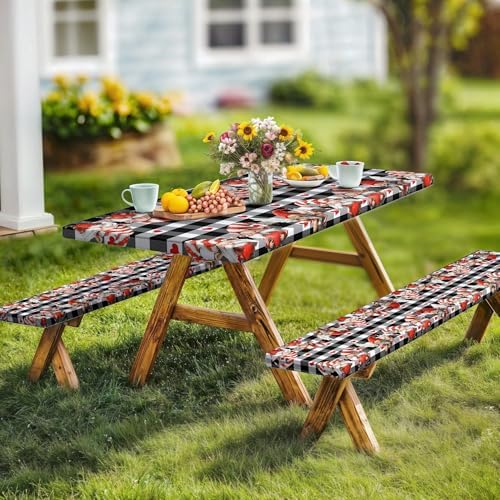 Valentine's Day Picnic Table Cover with Bench Covers, Camping Essentials, Valentines Decor Waterproof Windproof, Fitted Tablecloth Cover with Elastic Edge, Outdoor Table Covers, 3 PCS, 30x96 Inch - Image 3