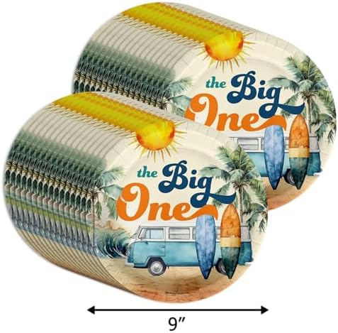The Big One Surfer First Birthday - 32 Piece Disposable Party Supplies - Decorations for Surfing 1st Birthday Round Party Plates - Large 9" Paper Plates In Bulk - Image 2