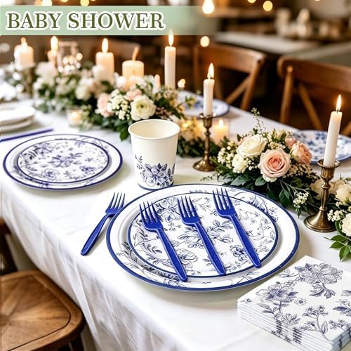 144 Pcs Blue and White Floral Tableware Set for 24 Guests, Heavy-Duty 7" & 9" Paper Plates, Cups, 2-Ply 13" Napkins & Plastic Forks, Disposable Party Supplies for Bridal Baby Shower Tea Party - Image 3