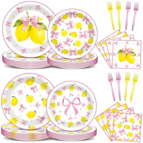 96 Pcs Pink Bow Lemon Party Decorations Pink Yellow Birthday Plates and Napkins Lemon Paper Plates Summer Disposable Tableware Set for Girls Women Bridal Baby Shower Wedding Supplies by Oitnlaughter