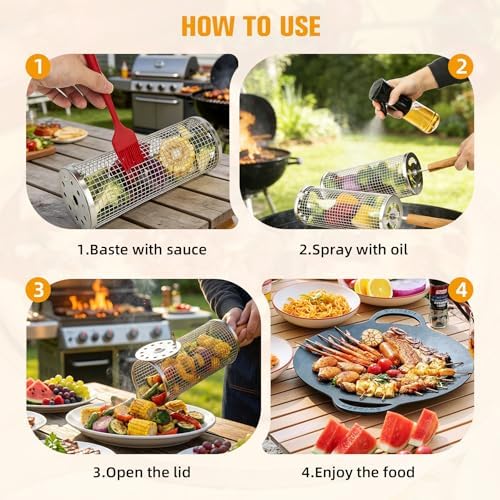 Rolling Grill Basket,7-Piece BBQ Set,Stainless Steel Grilling Basket with Lid and Removable Wooden Handle, BBQ Grill Accessories for Vegetables, Shrimp, Meat ,Outdoor Cooking Perfect Gifts for Men Dad Husband - Image 7