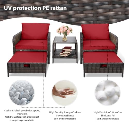LEVELEVE Balcony Furniture 5 Piece Patio Conversation Set, PE Wicker Rattan Outdoor Lounge Chairs with Soft Cushions 2 Ottoman&Glass Table for Porch, Lawn-Brown Wicker（Wine Red - Image 5
