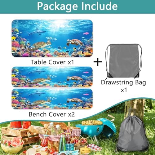 Ocean Animals Picnic Table Cover with Bench Covers, Camping Essentials, Underwater Sea Turtles Waterproof Windproof, Fitted Tablecloth Cover with Elastic Edge, for Garden & Outdoor, 3 PCS, 30x96 Inch - Image 6