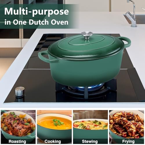 P&P CHEF Oval Dutch Oven with Lid, Enameled Cast Dutch Oven Pot for Bread Baking, Braising, Stewing, Roasting, Non-Stick & Oven Safe, Dual Handles & Easy Clean, 7QT & Dark Green, Valentine's Day - Image 7