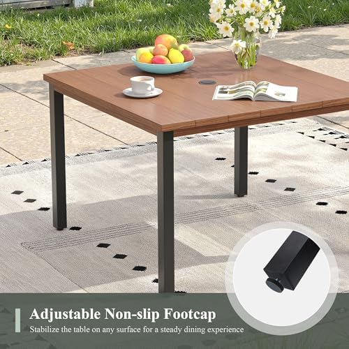 Outdoor Dining Table with Adjustable Umbrella Hole, 40.2" All-Weather Square Patio Dining Table for 4, Metal Patio Table for Garden Lawn Porch Deck Yard, Walnut - Image 5