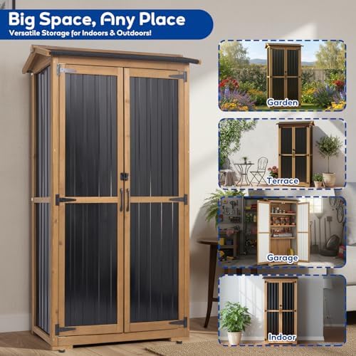 Outdoor Storage Cabinet Weather-Resistant, Wood & Metal Storage Shed with 3 Removable Shelves, Waterproof Roof, Adjustable Feet, Patio Storage Cabinet Outside for Garden Garage Backyard Pool - Image 6