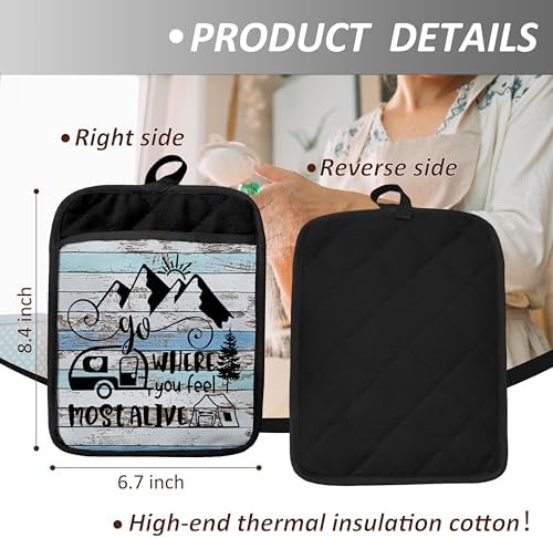 Camping Camper RV Gifts Pot Holders with Pockets, Go Where You Feel Most Alive Pot Holders Heat Resistant Oven Mitts Hot Pads for Campsite RV Kitchen Baking Cooking - Image 2