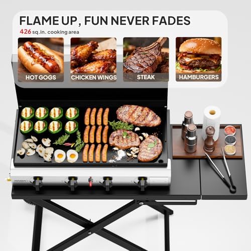 ROVSUN 4 Burner Foldable Propane Griddle with Wheels, Enameled Tray & Lid, 40000 BTU Portable Rolling Flat Top Gas Grill with Electronic Ignition & Regulator for Outdoor Cooking Camping BBQ Tailgating - Image 4