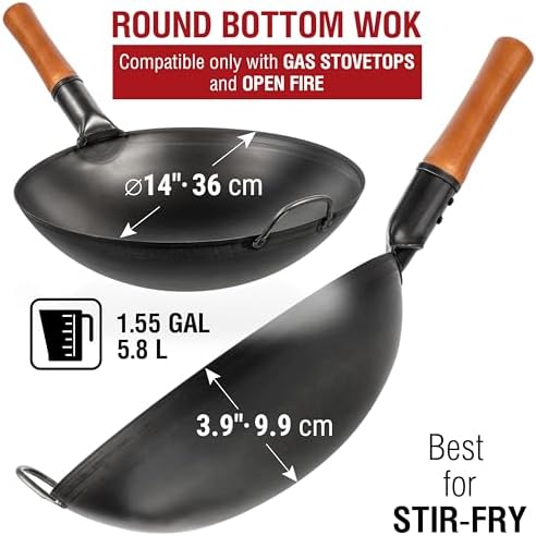 YOSUKATA 14" Black Carbon Steel Wok with Round Bottom - Image 2