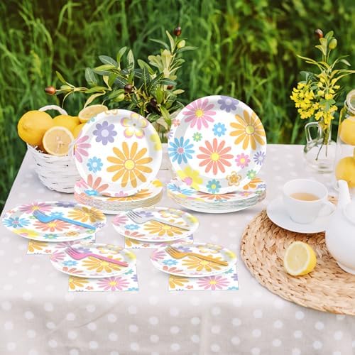 96PCS Boho Pastel Party Paper Plates and Napkins for Groovy Daisy Retro Boho Party Dessert Cake Plates Disposable Tableware Supplies for Baby Shower Birthday Wedding Seasonal Holiday Decorations - Image 6