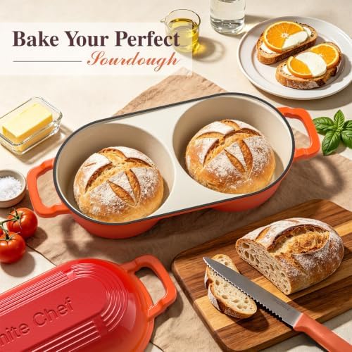 Umite Chef Complete Mini Double Dutch Oven Kit for Sourdough Bread – Enameled Cast Iron Bread Pan with Deep Dual Loaf Pots, Includes 5" Banneton Basket & Cotton Potholders, 500°F Oven Safe (Orange) - Image 3