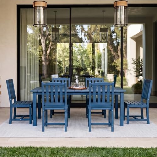 Perli™ 7-Piece Outdoor Dining Set, All-Weather HDPE Patio Table and 6 Chairs with Umbrella Hole, UV-Resistant Composite Wood Dining Furniture for Deck, Backyard, Poolside, Blue - Image 5