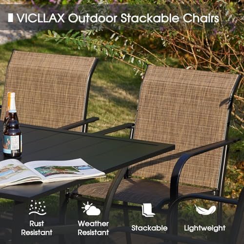 VICLLAX 5 Pieces Patio Dining Set for 4, Outdoor Furniture Set Includes 40.7" Round Patio Table and 4 Patio Stackable Chairs, Black Tabletop and Brown Fabric - Image 6