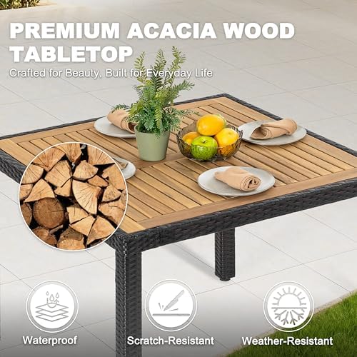 NUU GARDEN 35 Inch Square Outdoor Patio Dining Table for 4, Acacia Wood Tabletop Table with Rattan Wrapped Metal Frame, All Weather Patio Table for Garden Backyard Lawn, Black - Image 7
