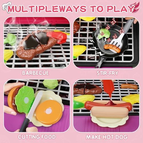 Kids Play Kitchen Toys, Kids BBQ Grill Kitchen Playset with Smoke, Sound & Light, Pink Play Food Toys Cooking Set, 2-Layer Barbecue Outdoor Play Grill Toy Gift for Toddler Girls 3-5, Pink - Image 4