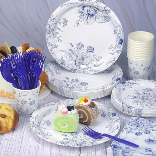 Kochorie 144 Pieces Blue and White Flower Print Party Tableware Sets Including Disposable Plates Napkins Cups Forks Serves 24 for Wedding Birthday Baby Shower Party Supplies - Image 4