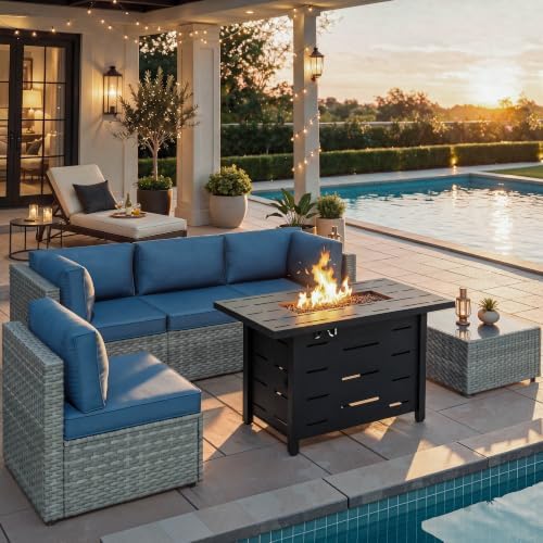 Shintenchi 6 Piece Outdoor Patio Furniture Set with 43 Inch Propane Fire Pit, Washable Cushions, Glass Coffee Table, Waterproof Cover & CSA Certified for Backyard Poolside, Silver PE Rattan/Navy Blue by Shintenchi%7CFurnitureMadeforRealLife