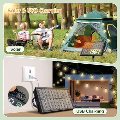 100FT Solar String Lights Outdoor Waterproof with Remote & Timer, LED Shatterproof ST38 Bulbs, USB & Solar Powered Patio Lights for Backyard, Porch, Garden, Wedding Decor, Dusk to Dawn Lighting - Image 3