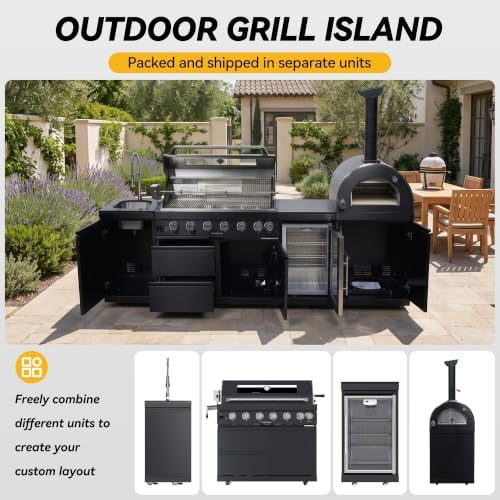 109" Black Outdoor Kitchen Island 6-Burner Propane Grill Pizza Oven Fridge - Image 5