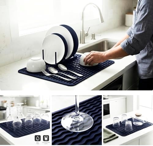MicoYang Silicone Dish Drying Mat — Quick-Dry Ridges Counter & Sink Pad, Heat-Resistant Trivet to 450°F, Non-Slip & Dishwasher Safe, Roll-Up Storage, 18 Colors & 9 Sizes (Navy Blue, 16"×12") - Image 4