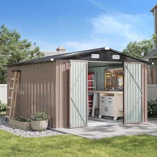 Aoxun 10x12 FT Galvanized Steel Outdoor Storage Shed with Base, Brown by Aoxun