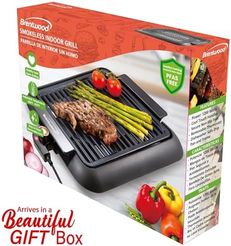Brentwood 1200W Electric Smokeless Indoor Grill with Ceramic Non-Stick Surface, Adjustable Temperature, and Dishwasher Safe Parts, 12.6” x 10”, Black - Image 7