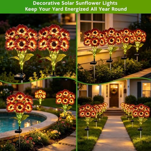Solar Sunflower Lights Outdoor Garden Decor, 4 Pack Solar Brown Flowers Lights with 24 Sunflowers, Waterproof Fall Decor Stake Decorative Light Auto ON/Off for Garden Yard Patio, Gift for Women - Image 6
