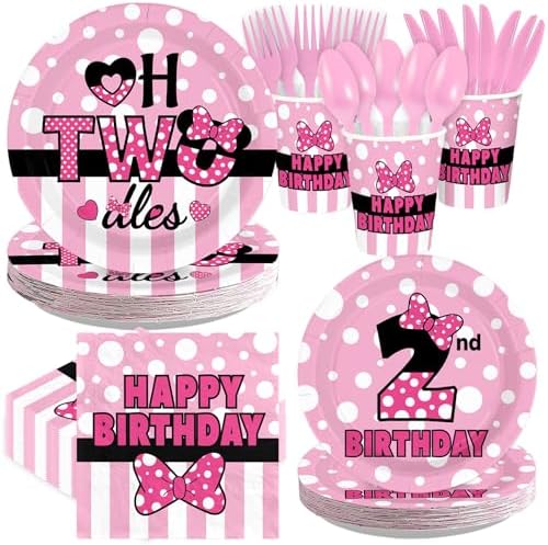 168Pcs Pink Mouse 2nd Birthday Decorations for Girls, Serves 24 by Greencian