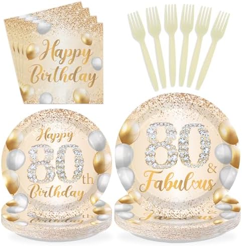 96Pcs White and Gold 80th Birthday Party Decorations,Serves 24 by Greencian