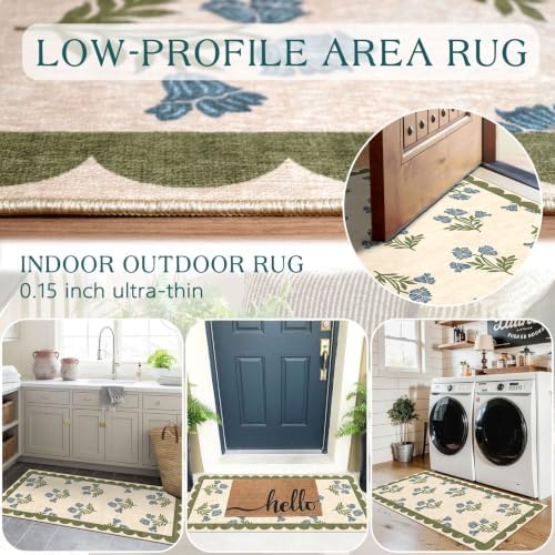 Front Door Mat Indoor Entrance - 2x4.3 Ft Floral Washable Layered Doormat Outdoor Entrance Porch Rug Non-Slip Sage Blue Boho Runner Rug for Kitchen Hallway Bedroom Laundry Room Porch Decor - Image 5