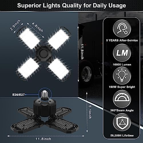 2 Pack LED Garage Light, 150W 15000LM 6500K LED Shop Lights, Garage Lights Ceiling Led with 4 Deformable Panels, Screw in E26/E27 Bulb Socket for Warehouse, Basement, Attic, Barn, High Bay Lighting - Image 4