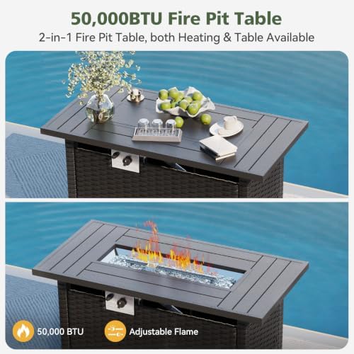 Aoxun 10 Piece Outdoor Patio Furniture Set with 44'' Fire Pit Table, Outdoor Patio Furniture Sets with Coffee Table, Wicker Rattan Outdoor Conversation Set with Ottoman for Backyard, Peacock Blue - Image 6