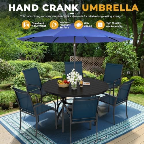 Incbruce 8 PCS Patio Dining Set with Dark Blue Umbrella, Outdoor Dining Set of 6 Textilene Chairs and 53" Round Table with Umbrella Hole for Backyard, Garden, and Poolside (Blue) - Image 6