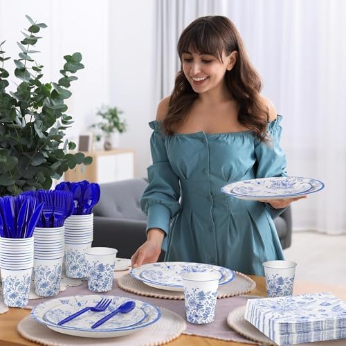 Kochorie 350 PCS Blue Floral Party Supplies Set for 50 Guests Includes White & Blue Floral Plates Cups Napkins Utensils for Spring Dinner, Garden Party, Birthday, Disposable Tableware - Image 6