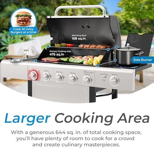Kenmore 4-Burner Gas Grill with Side Burner, Outdoor BBQ Grill, Propane Gas Grill, Cast Iron Cooking Grates, Electronic Ignition, Warming Rack, Open Cart Design, 53000 BTUs, Stainless Steel - Image 2
