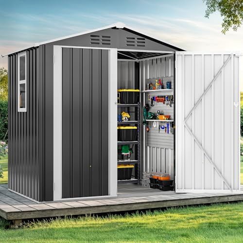 DWVO 6x4ft Large Tool Storage Shed with Window, Lockable Doors, Gray White - Image 4