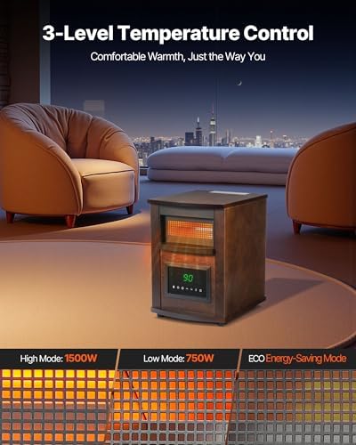 VEVOR Infrared Heater, 1500W Electric Space Heater with Remote Control, LED Screen & 24H Timer, Multiple Temperature Adjustable for Patio Bedroom,Living Room,Studio,Dining Room - Image 3