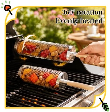 2 PCS Rolling Grill Basket with Wooden Handle and Fish Grill Basket - Image 4