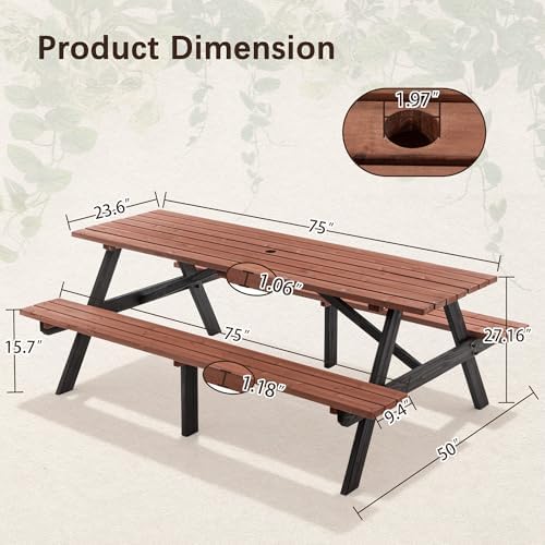 75'' Rectangular Outdoor Dining Table Wooden Patio Dining Table & 2 Built-in Bench for 8, 2" Umbrella Hole, Suitable for Picnic Backyard Garden Porch, Wood Brown - Image 2